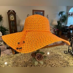 Boho Orange Floppy Beach Hat with Decorative Tassel